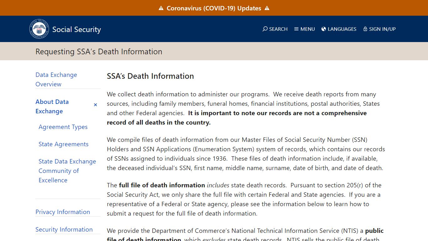 Data Exchange – Requesting SSA’s Death Information